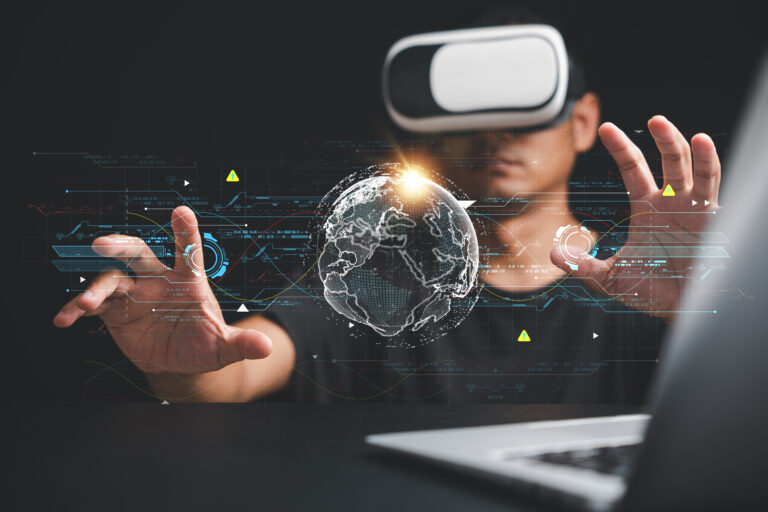 Explore the metaverse with a tech-savvy businessman wearing VR g