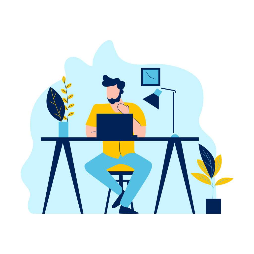 Flat Design Illustration of Man Entrepreneur Working with Laptop at Office