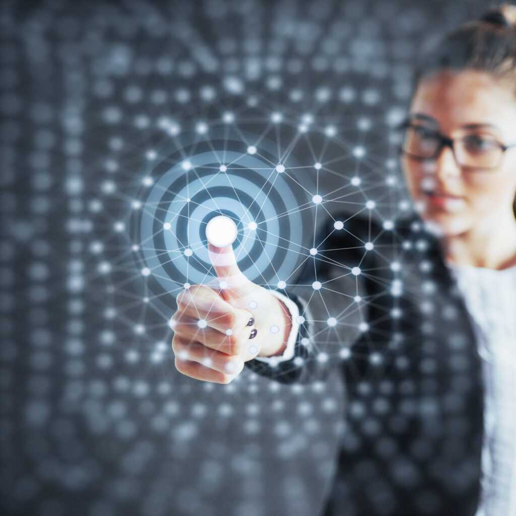 Modern technologies, Internet and network concept - man, presses the button on the virtual screen