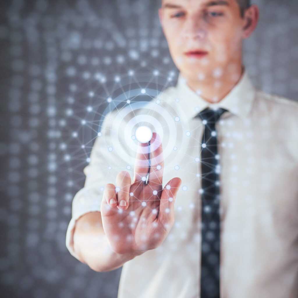 Modern technologies, Internet and network concept - man, presses the button on the virtual screen