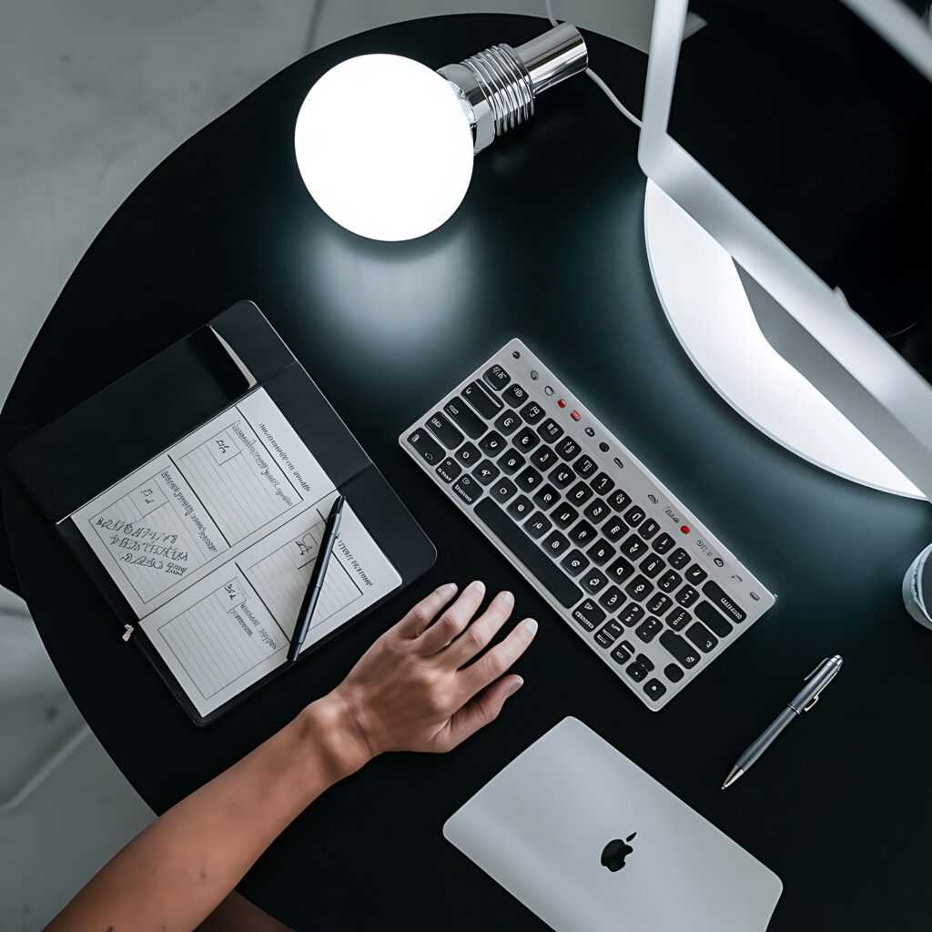 photo-sleek-black-desk-featuring-black-notepad-with-handwritten-plan
